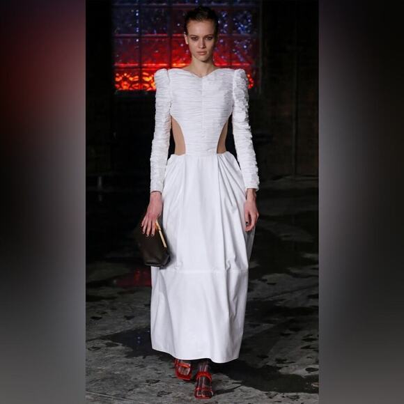 Khaite White Rosaline ruched open back crystal embellished cotton twill dress 8